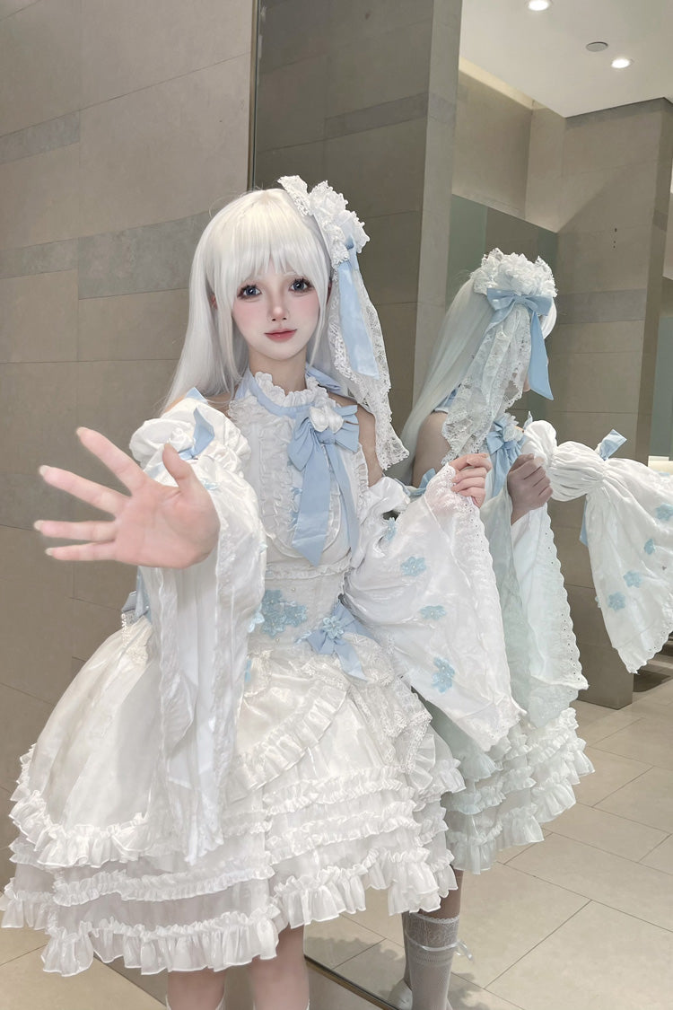 White Detachable Long Trumpet Sleeves Triple-Layered Ruffle Hanayome Bowknot Lace Sweet Lolita Dress - Product - 4