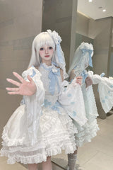 White Detachable Long Trumpet Sleeves Triple-Layered Ruffle Hanayome Bowknot Lace Sweet Lolita Dress - Product - 4