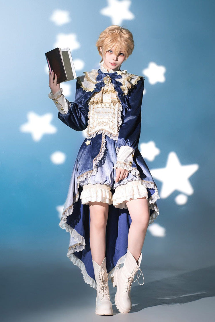 Blue Long Sleeves Ombre Ruffled Bow Ouji Gothic Lolita Swallowtail Dress Shorts Set - Product - 9
