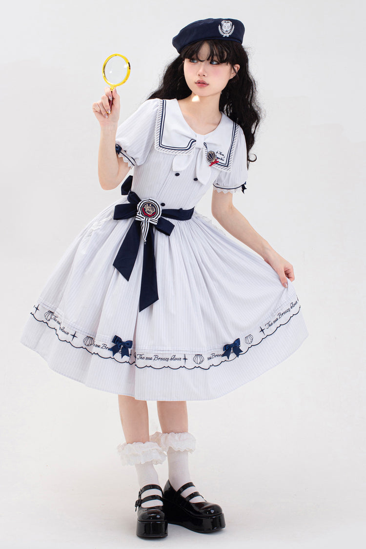 White Navy Stripe Print Short Sleeves Ruffle Embroidery Sweet Lolita Dress - Product - 5