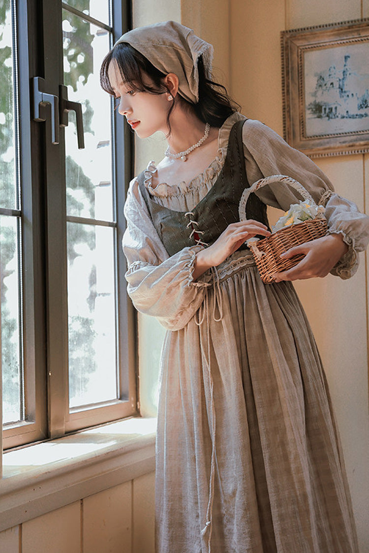 Khaki French Style Round Collar Long Sleeves Printed Classic Vintage Lolita Dress - Product - 7