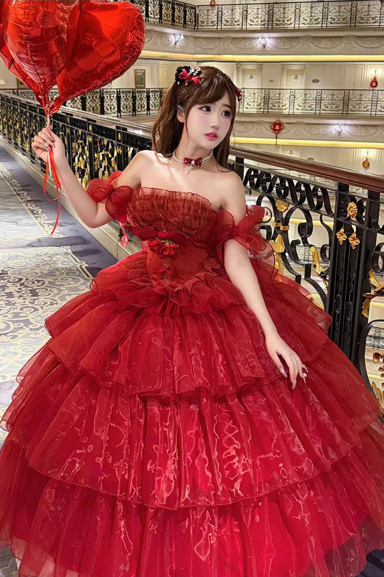 Red [Mousse Love Song] Sleeveless Multi-Layered Ruffled Hanayome Bow Sweet Lolita Dress - Product - 5