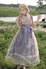 Purple [Oil Painting – In the Shade of Blossoming Trees] Sleeveless Print Ruffle Bowknot Lace Sweet Lolita Jsk Dress - Purple - 1