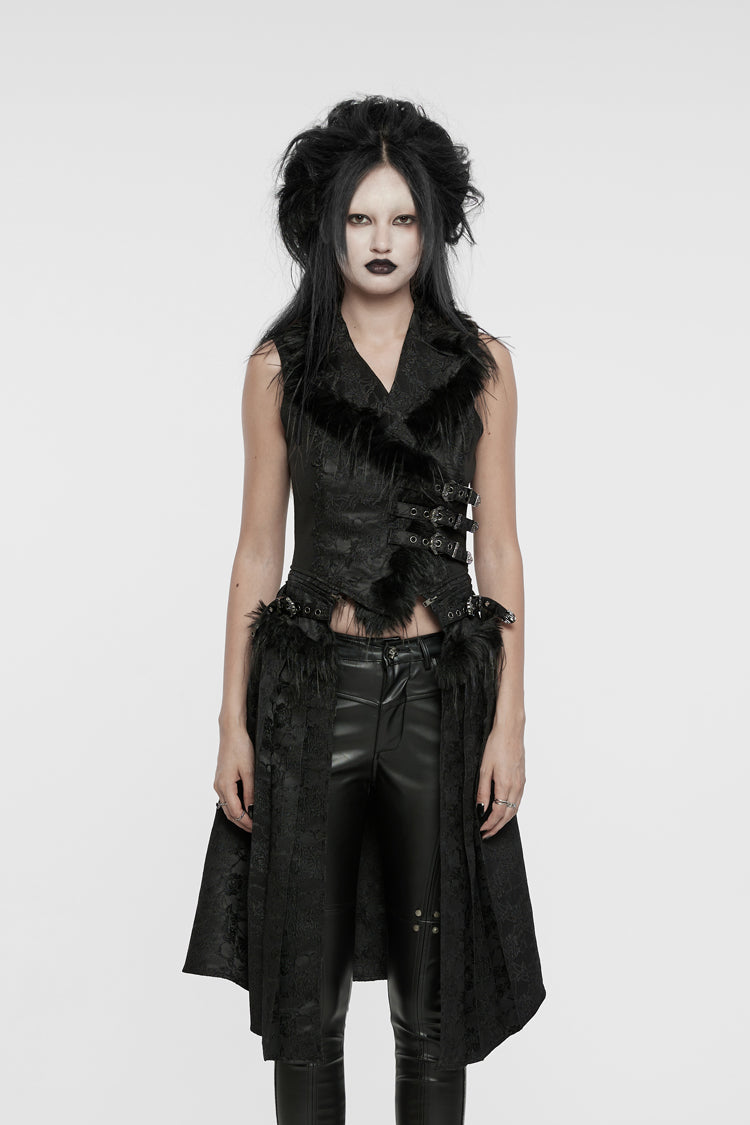 Black V Collar Sleeveless Jacquard Detachable Lace-Up Women's Gothic Vest - Black - 1