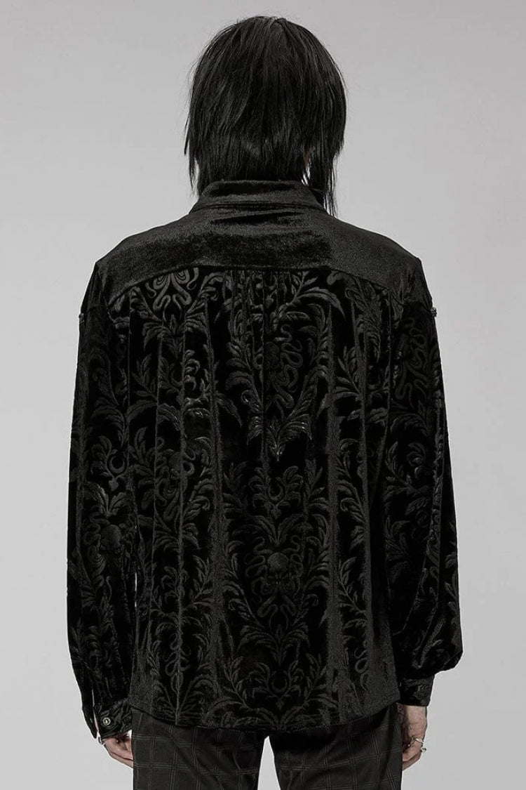 Black Stand Collar Floral Print Stitching Mens Gothic Blouse - Product - 3
