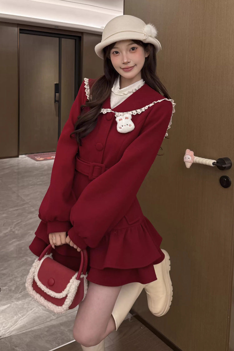 Red [Berry Champagne] Doll Collar Long Sleeves Double-Layered Ruffled Sweet Princess Lolita Wool-blend Coat - Product - 5