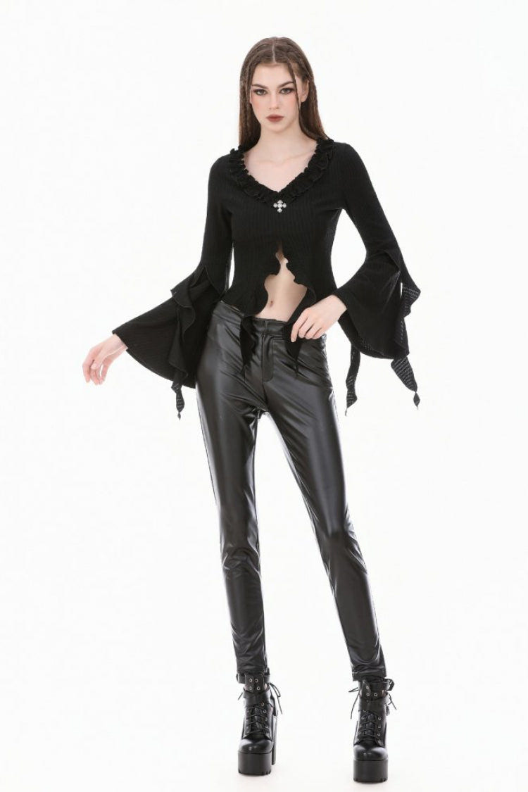Black Cross Ruffled V Collar Irregular Split Long Trumpet Sleeves Women's Gothic Crop Top with Streamer - Product - 7
