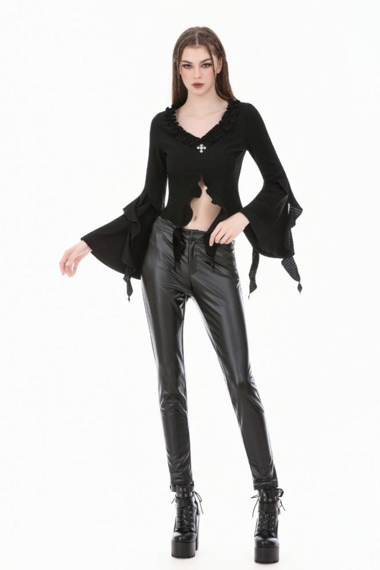 Black Cross Ruffled V Collar Irregular Split Long Trumpet Sleeves Women's Gothic Crop Top with Streamer - Product - 7