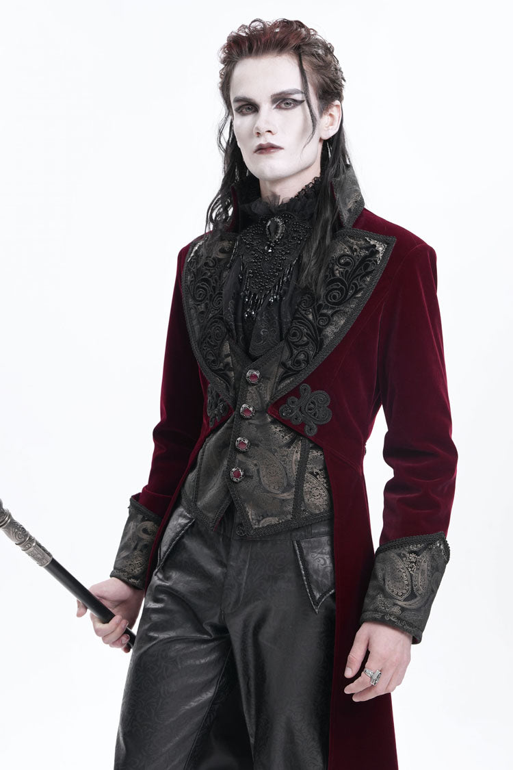 Wine Red Long Sleeves Button Floral Embroidery Men's Gothic Jacket - Product - 7