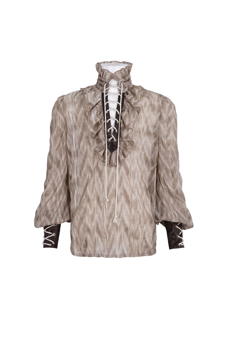 Brown Ruffle Stand Collar Print Lace-Up Men's Gothic Blouse - Product - 5