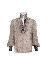 Brown Ruffle Stand Collar Print Lace-Up Men's Gothic Blouse - Product - 5