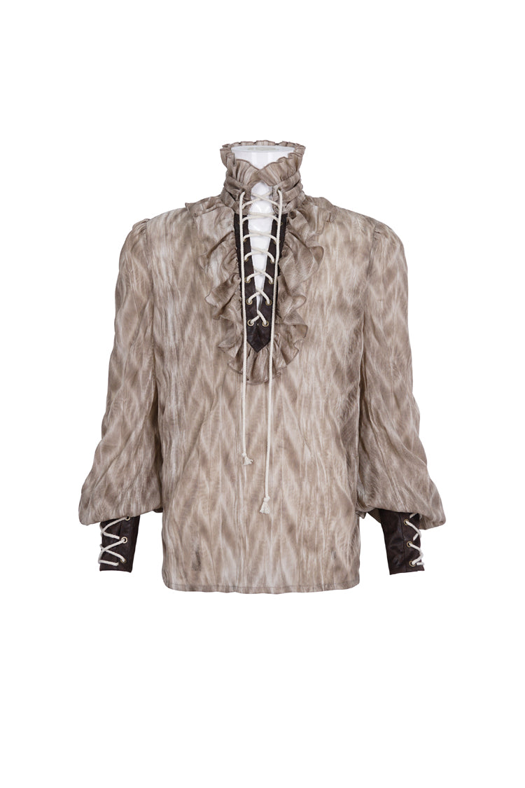 Brown Ruffle Stand Collar Print Lace-Up Men's Gothic Blouse - Product - 5