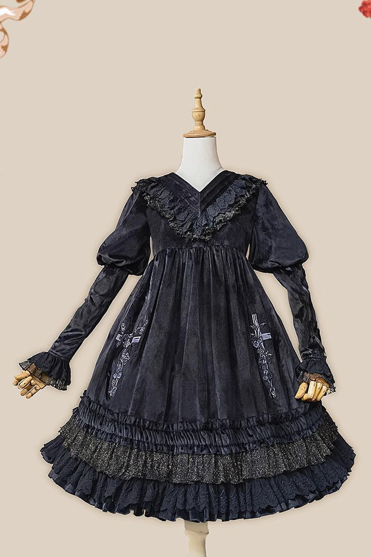 Holy Fruit Manor Embroidery Print Long Puff Sleeves Ruffle Gothic Lolita Dress 2 Colors - Product - 14