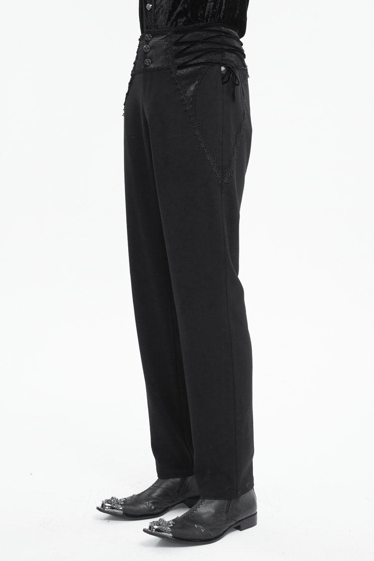Black Lace Trim Embellished High Waisted Men's Gothic Pants - Product - 2