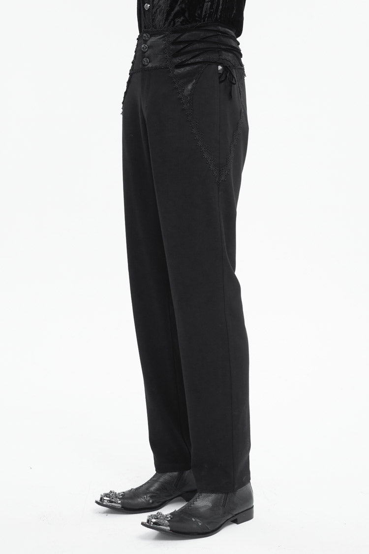Black Lace Trim Embellished High Waisted Men's Gothic Pants - Product - 2