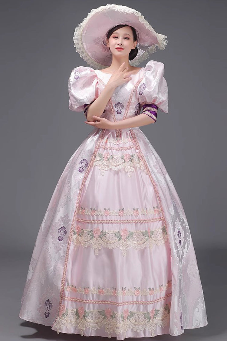 Pink European Court Short Sleeves Print Embroidery Cardigan Sweet Vintage Princess Victorian Dress - Product - 3