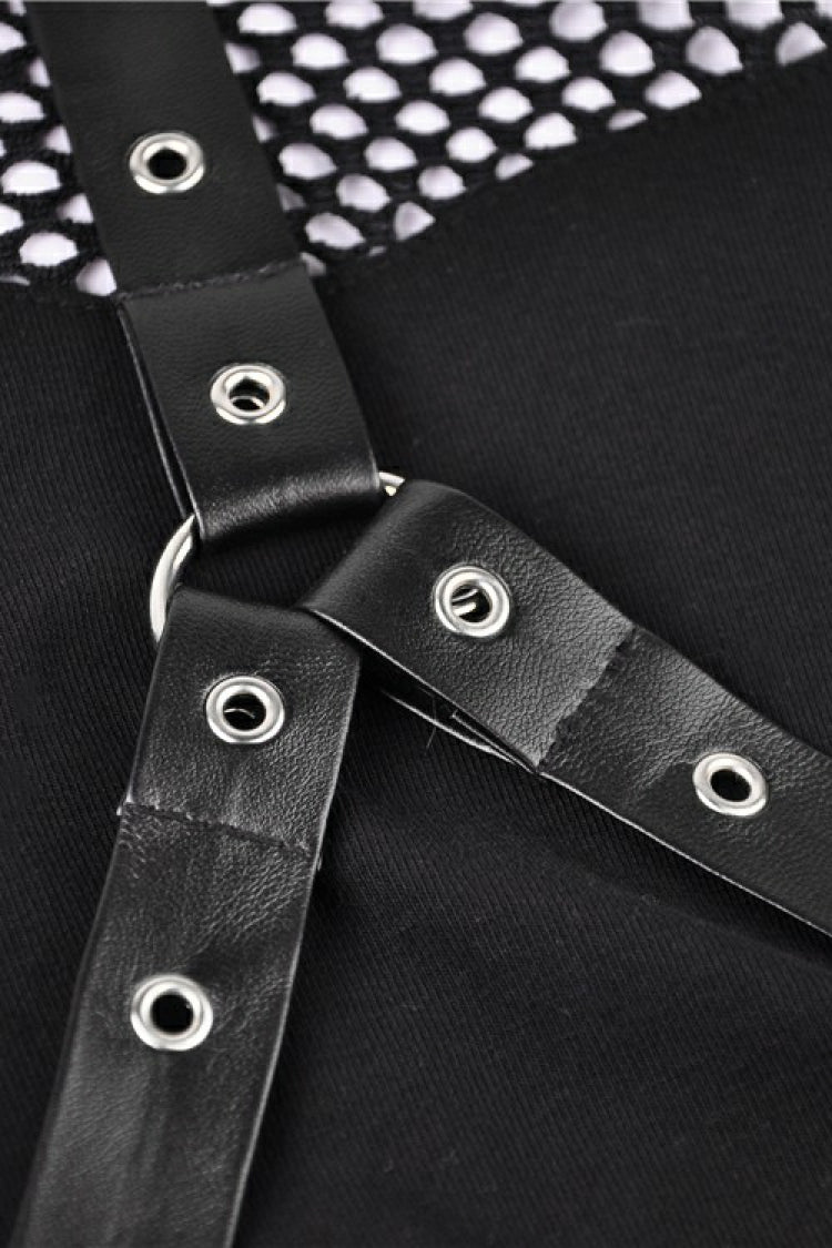 Black Off Shoulder Long Sleeves Mesh Crossed Harness Straps Eyelet Sexy Women's Punk Top - Product - 13