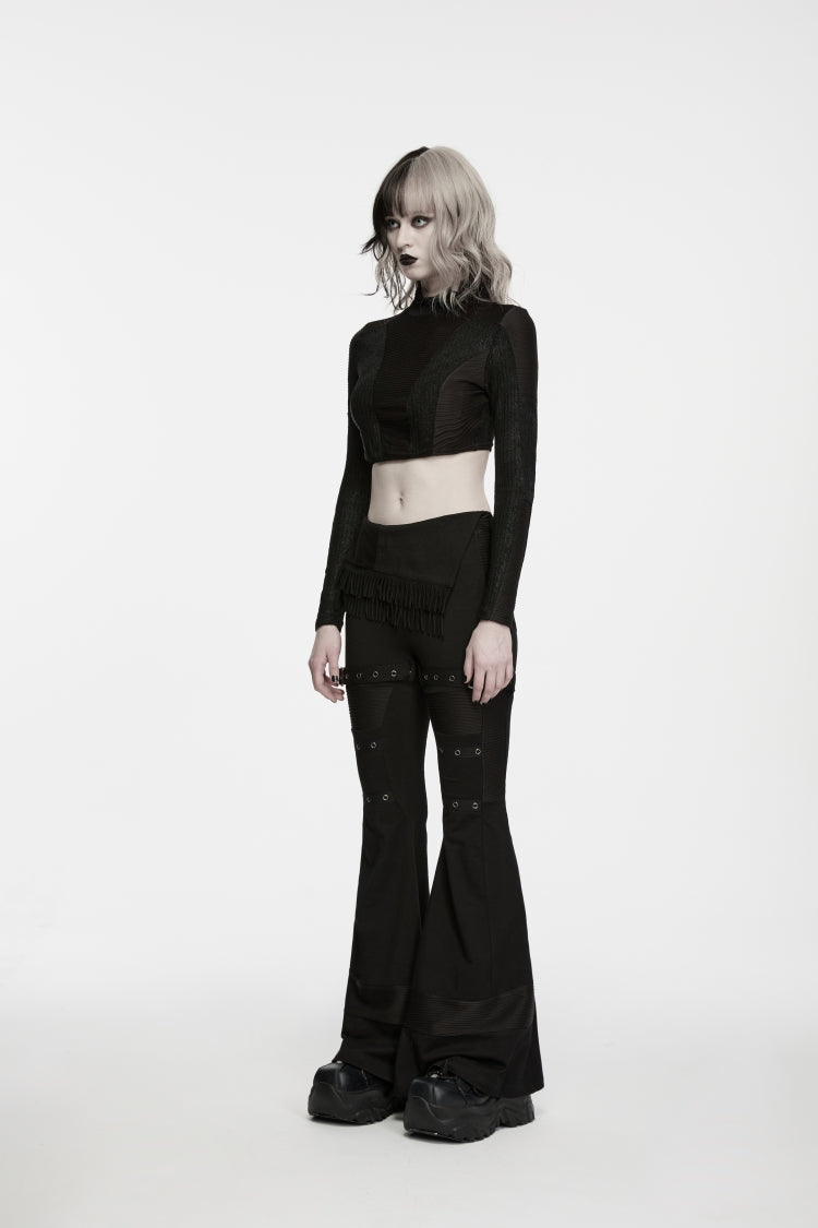 Black Slim Fit Asymmetric Eyelet Women's Punk Cool Flared Pants - Product - 2
