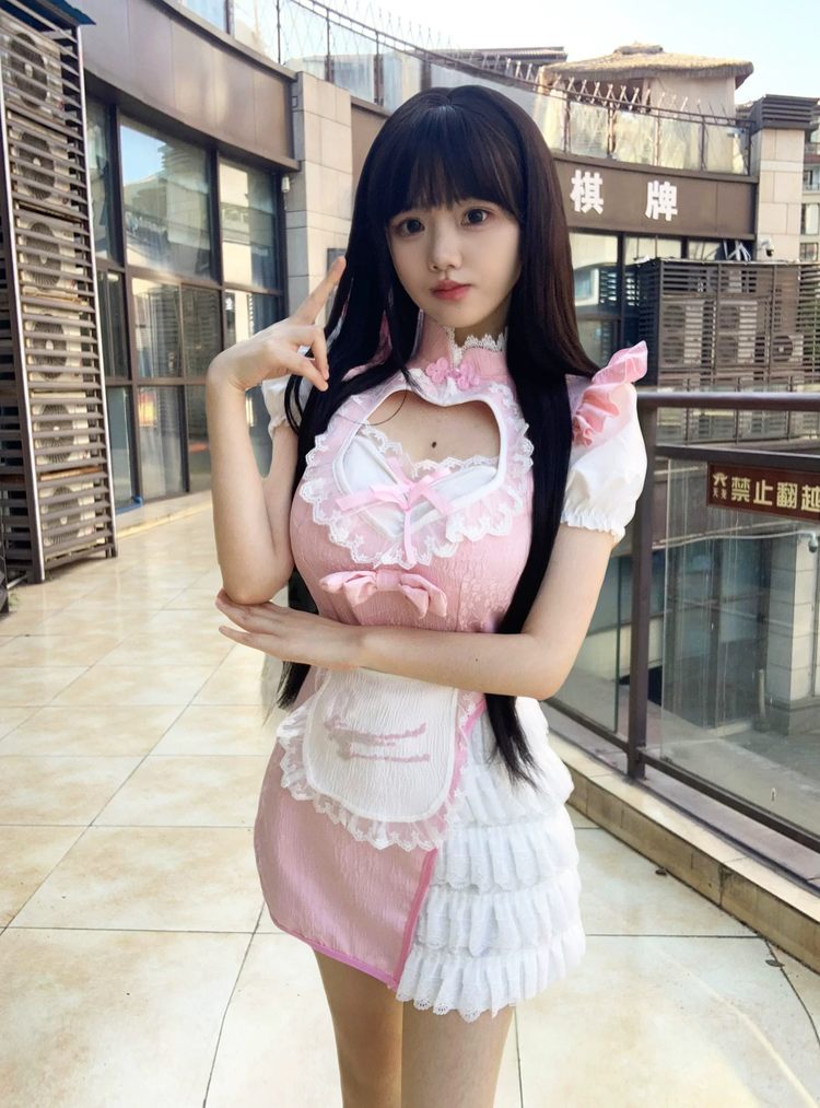 Pink and White Heart Cutout Maid Lolita Dress with Apron Accent - view 5