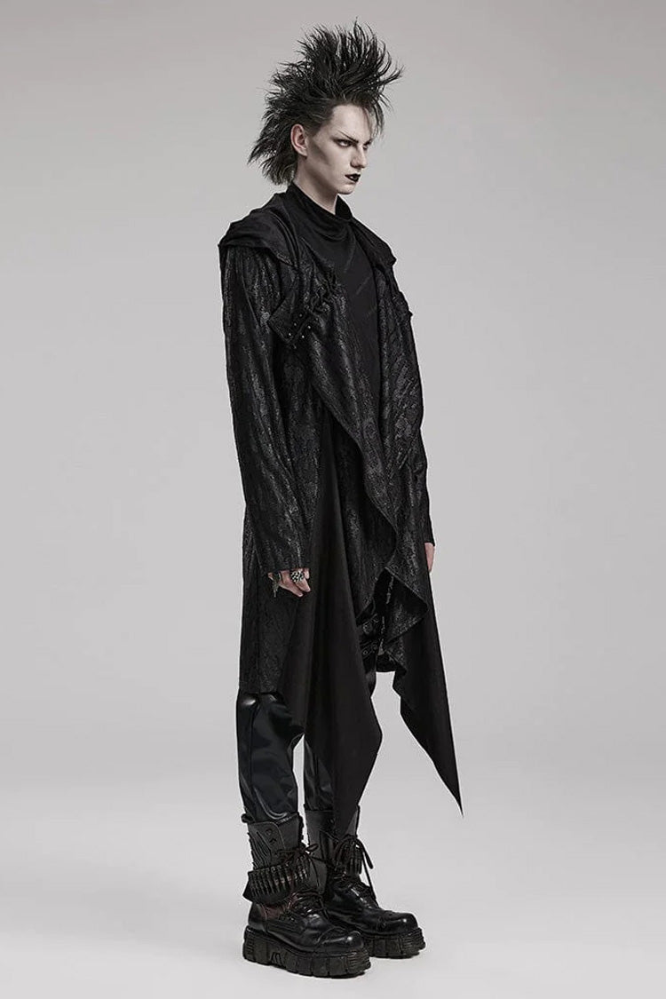 Black Long Sleeves Loose type Pleated Mens Steampunk Hooded Long Coat - Product - 2