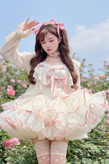 Pink/Beige Ballerina Style Bowknot Slim Fluffy Princess Sweet Lolita Tiered Dress - Product - 9