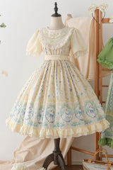 Beige [Lily of the Valley Cat] Print Ruffle Embroidery Bowknot Sweet Lolita Dress - Product - 3