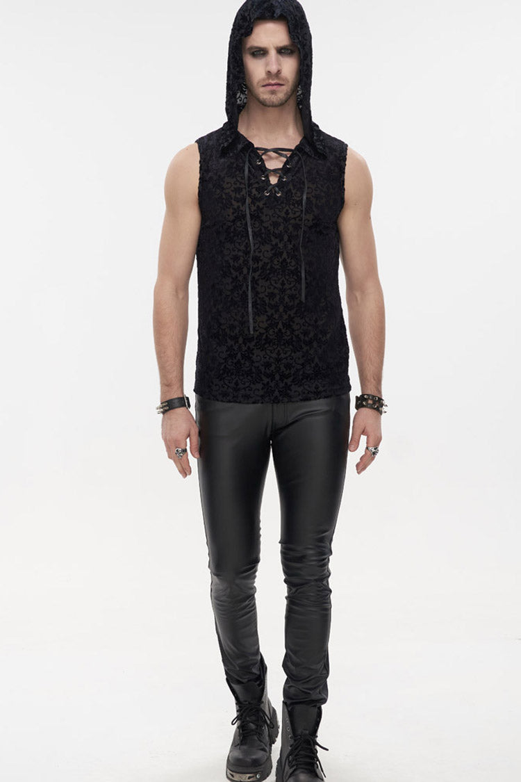 Black Punk Velvet Jacquard Chest Tie Sleeveless Hooded Men's Shirt - Product - 7