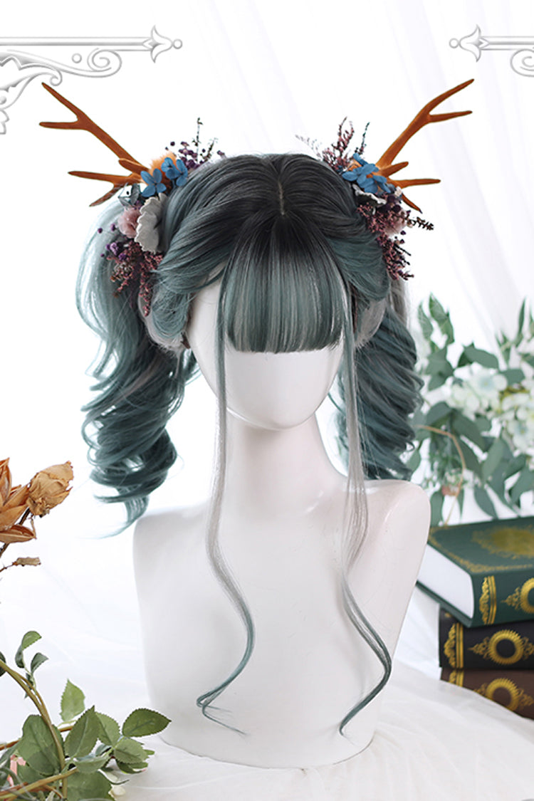 Green Gradient Gray Big Wavy Long Curly Hair Classic Lolita Wigs - Green/Gray - 1
