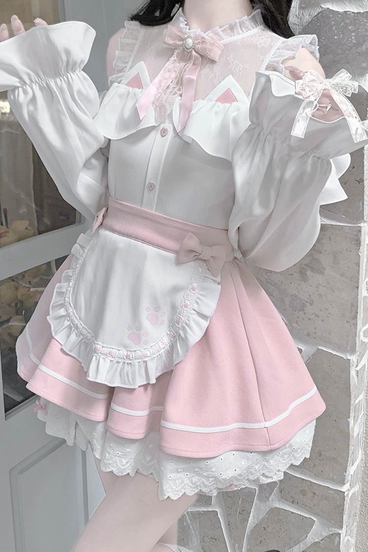 White/Pink Off Shoulder Long Sleeves Ruffle Bowknot Lace Sweet Jirai Kei Skirt - Product - 8
