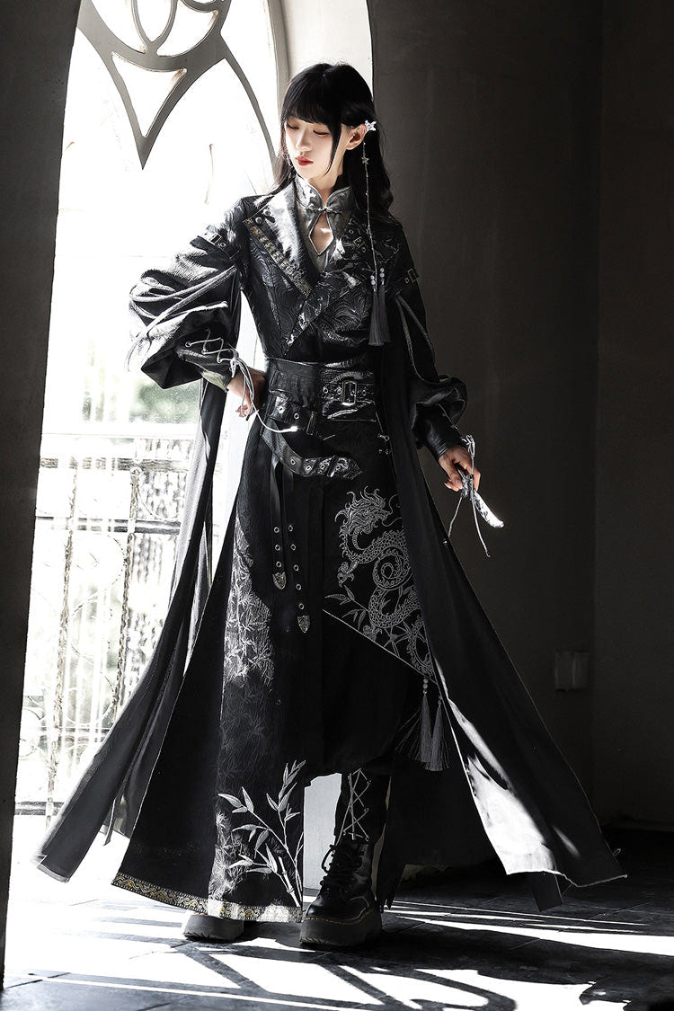 Black [Shadow Dragon Diving Into the Abyss] Long Sleeves Jacquard Embroidered Gothic Chinese Inspired Hanfu Ouji Lolita Set - Product - 6