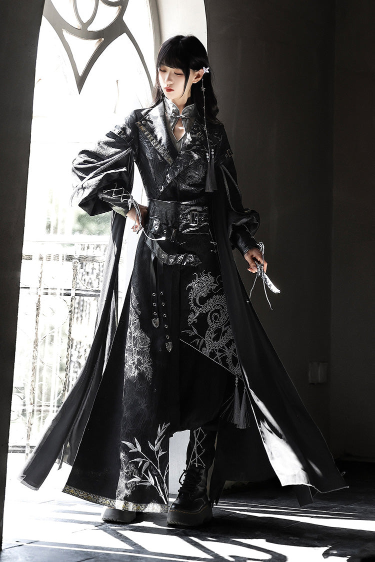 Black [Shadow Dragon Diving Into the Abyss] Long Sleeves Jacquard Embroidered Gothic Chinese Inspired Hanfu Ouji Lolita Set - Product - 6