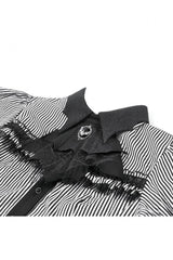 Black/White Pinstripe Short Puff Sleeves Lace-Up Women's Preppy Style Swallow-tailed Blouse with Detachable Tie - Product - 11