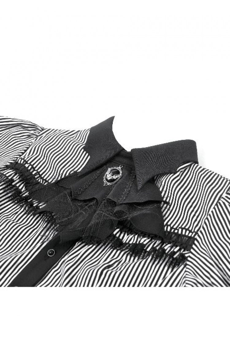 Black/White Pinstripe Short Puff Sleeves Lace-Up Women's Preppy Style Swallow-tailed Blouse with Detachable Tie - Product - 11