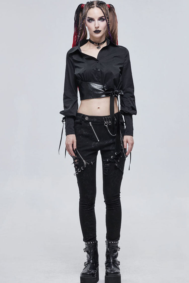 Black Punk Asymmetrical Neckline Buttonhole Cuffs With Cord Design Cropped Thin Texture Long Sleeve Women's Shirt - Product - 5