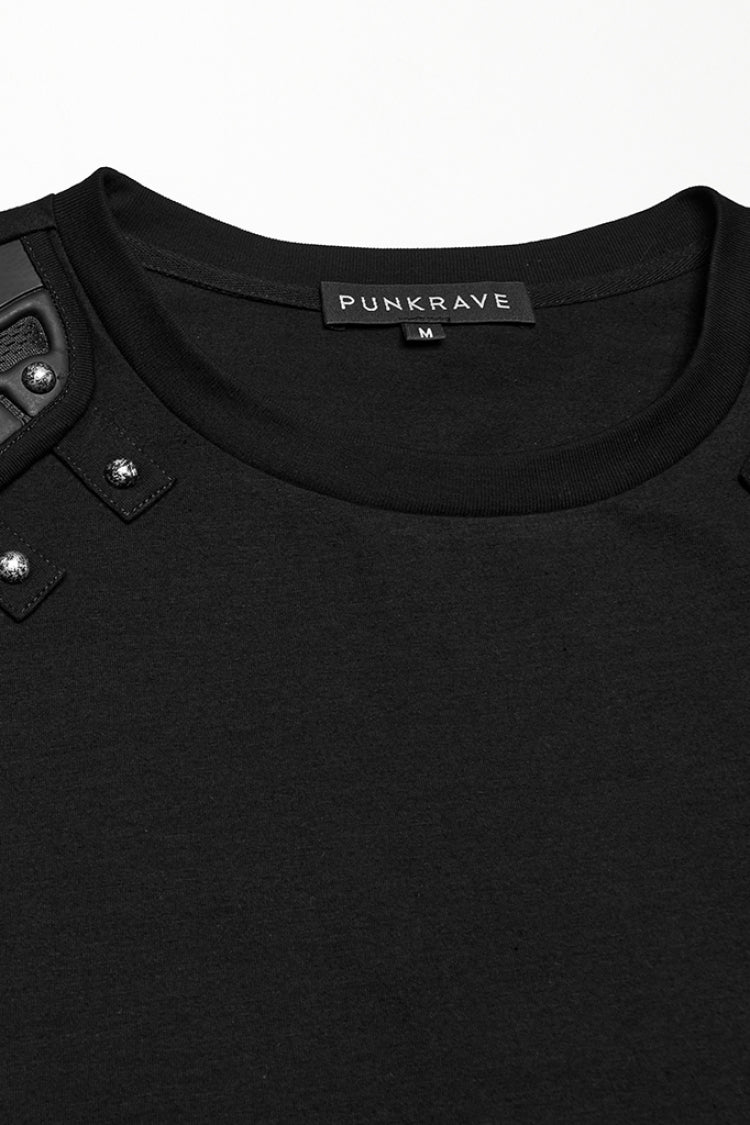 Black Round Collar Sleeveless Studded Stitching Shoulder Patched Men's Punk Vest - Product - 6
