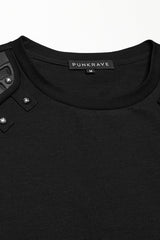 Black Round Collar Sleeveless Studded Stitching Shoulder Patched Men's Punk Vest - Product - 6