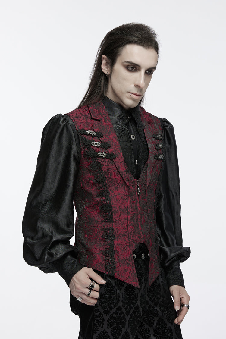 Red Sleeveless Jacquard Buckle Zip Men's Gothic Waistcoat - Product - 3
