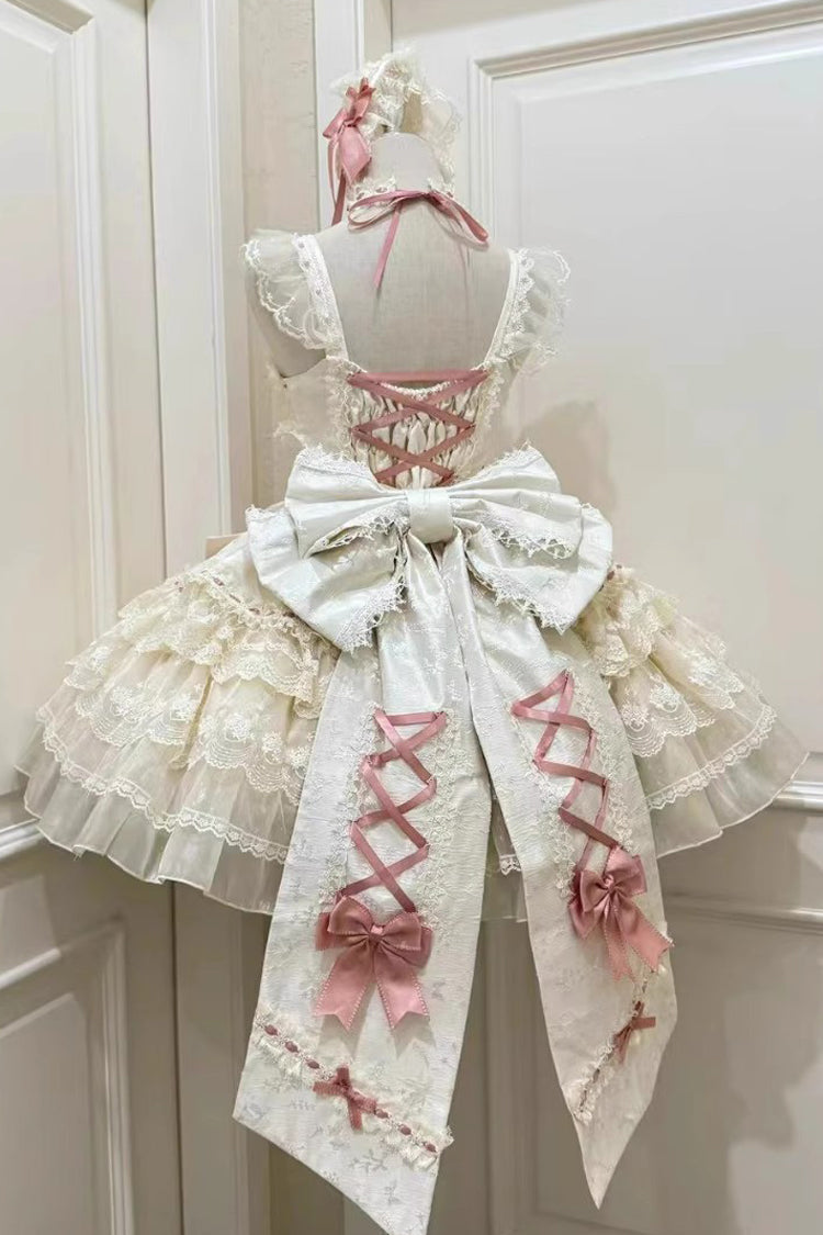 Apricot [Rose Canticle] Sleeveless Multi-Layered Bowknot Lace Lace-Up Pearl Ballet Sweet Lolita Jsk Dress - Product - 3