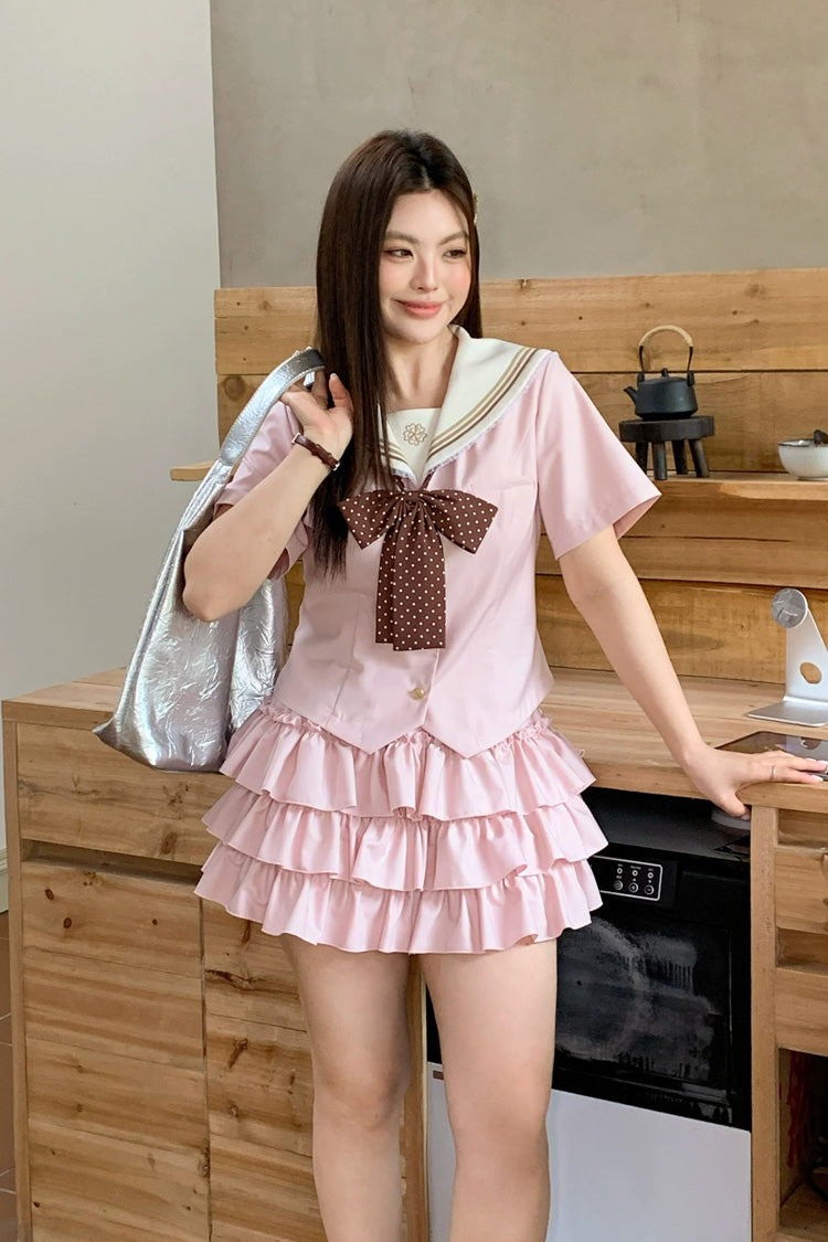 Pink Short Sleeves Triple-Layered Ruffled Bow Plus Size Japanese Preppy Style Sweet Sailor Collar Two-piece Set - Product - 5