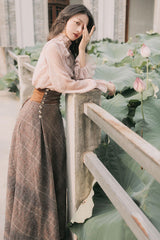 Pink/Brown Stand Collar Long Lantern Sleeves Ruffled Lace-Up Classic Vintage Lolita Skirt Set - Product - 6
