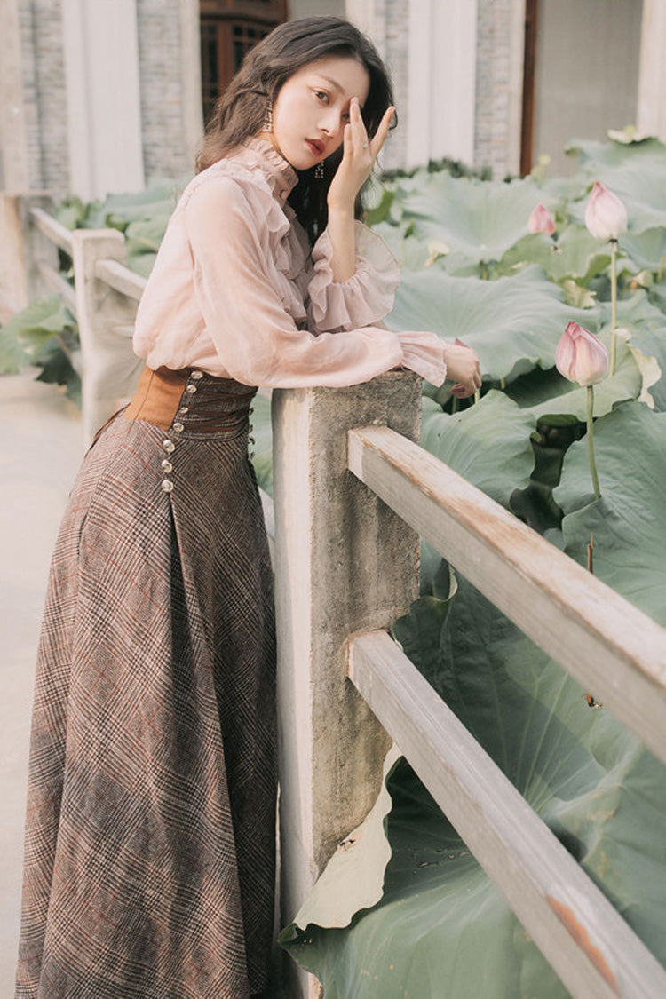 Pink/Brown Stand Collar Long Lantern Sleeves Ruffled Lace-Up Classic Vintage Lolita Skirt Set - Product - 6
