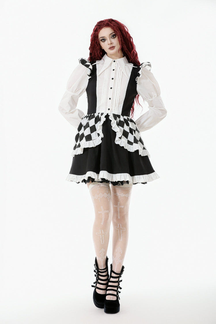 Black/White Harlequin Sharp Point Collar Long Puff Sleeves Women's Lolita Gothic Dress - Product - 5