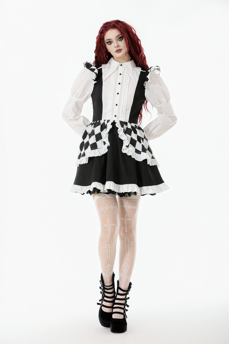 Black/White Harlequin Sharp Point Collar Long Puff Sleeves Women's Lolita Gothic Dress - Product - 5