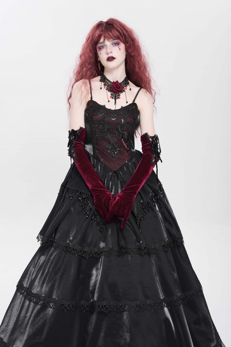 Black Sleeveless Multi-Layered Embroidery Pearl Women's Gothic Slip Dress - Product - 11
