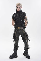 Black Stand Collar Sleeveless Zippered Chain-Decorated Men's Punk Cool Unedged Vest - Product - 6
