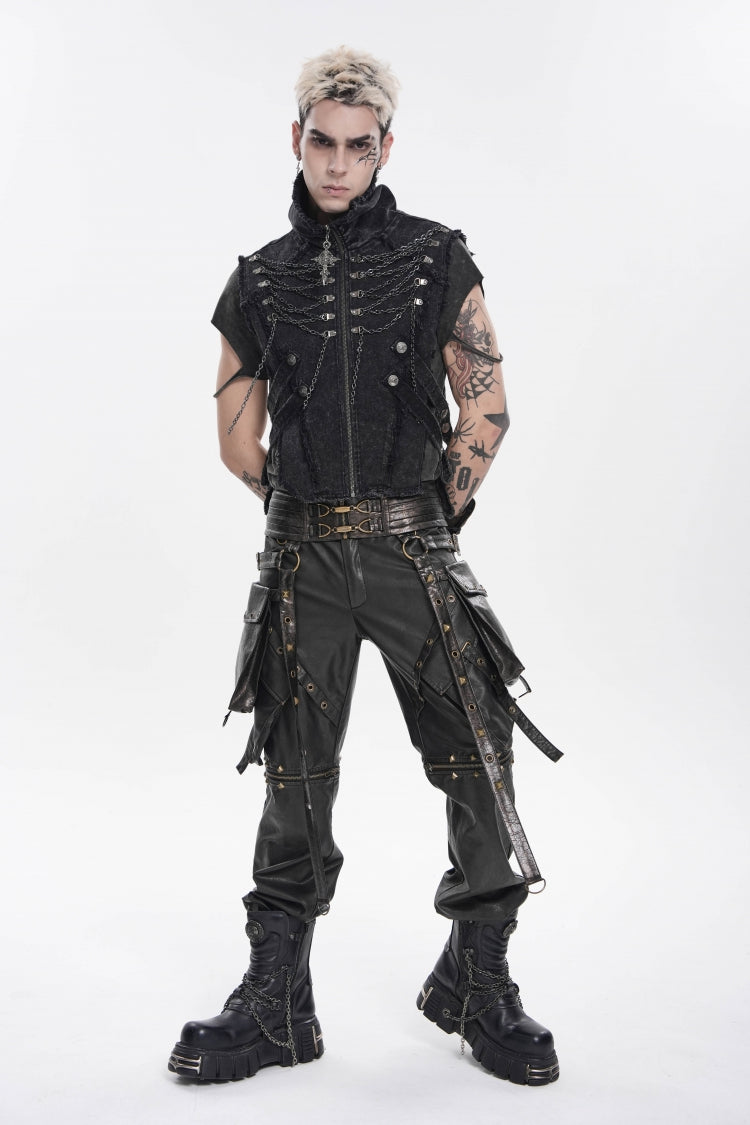 Black Stand Collar Sleeveless Zippered Chain-Decorated Men's Punk Cool Unedged Vest - Product - 6