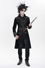 Black Lapel Collar Long Sleeves Jacquard Embroidered Slim Color-Blocked Men's Gothic Jacket - Product - 9