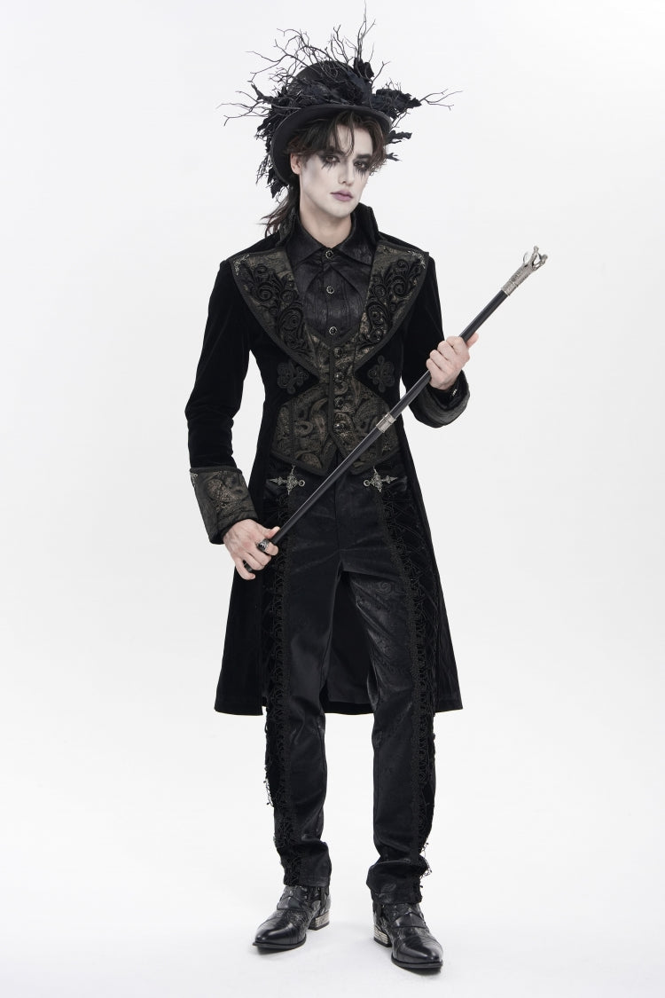 Black Lapel Collar Long Sleeves Jacquard Embroidered Slim Color-Blocked Men's Gothic Jacket - Product - 9
