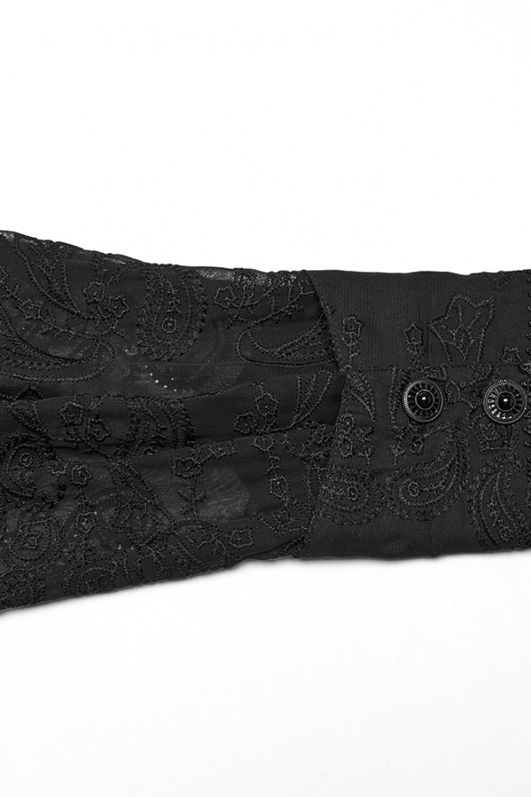 Black Stand Collar Chiffon Long Sleeves Hollow Embroidery Men's Gothic Blouse - Product - 7