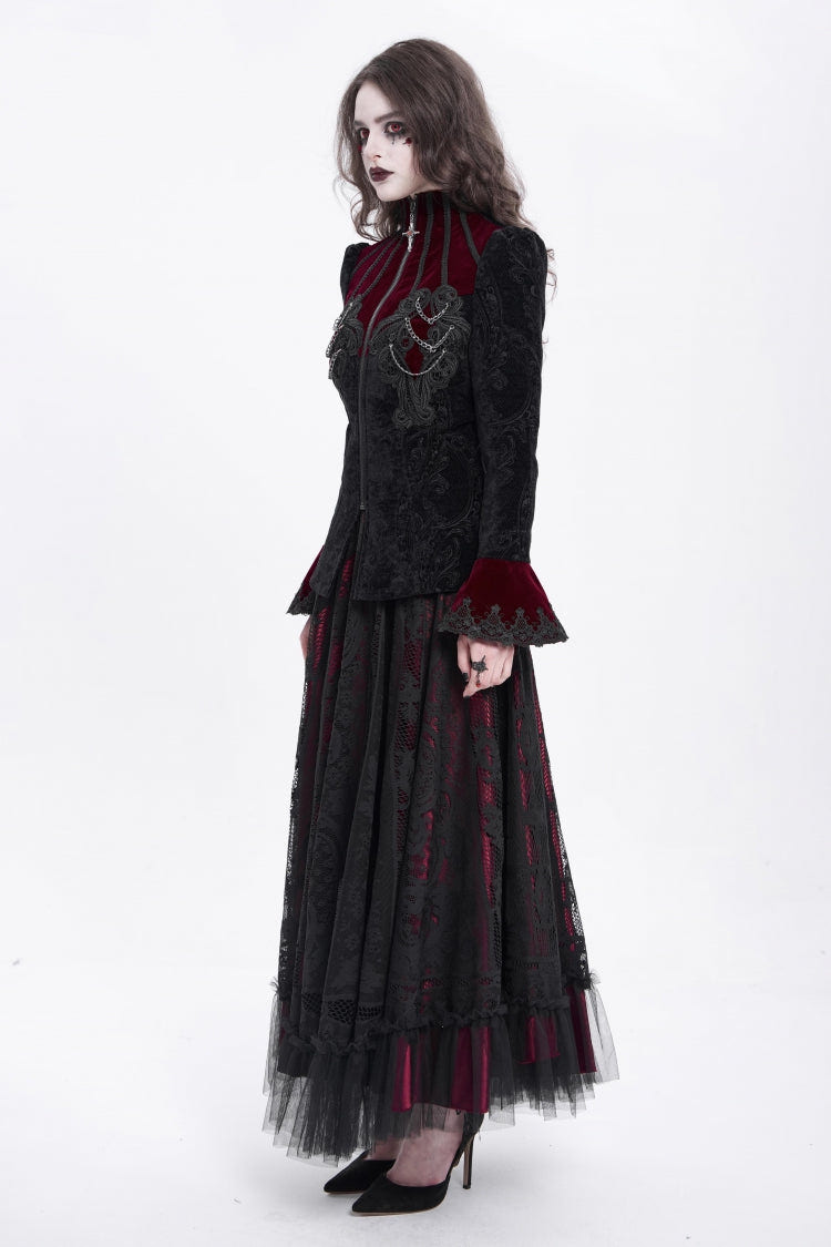 Black/Red Stand Collar Long Trumpet Sleeves Embroidery Women's Gothic Jacket - Product - 6